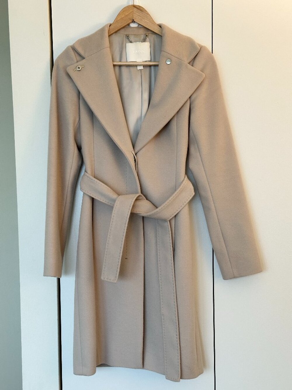 BOSS "Calumbi" Virgin Wool Belted Wrap Coat in Grey Beige - US Size 0